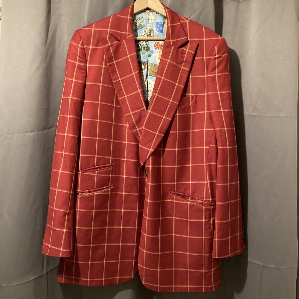 Holland & Sherry Mens Blazer Red Windowpane M Royal Classic Poker Made In USA